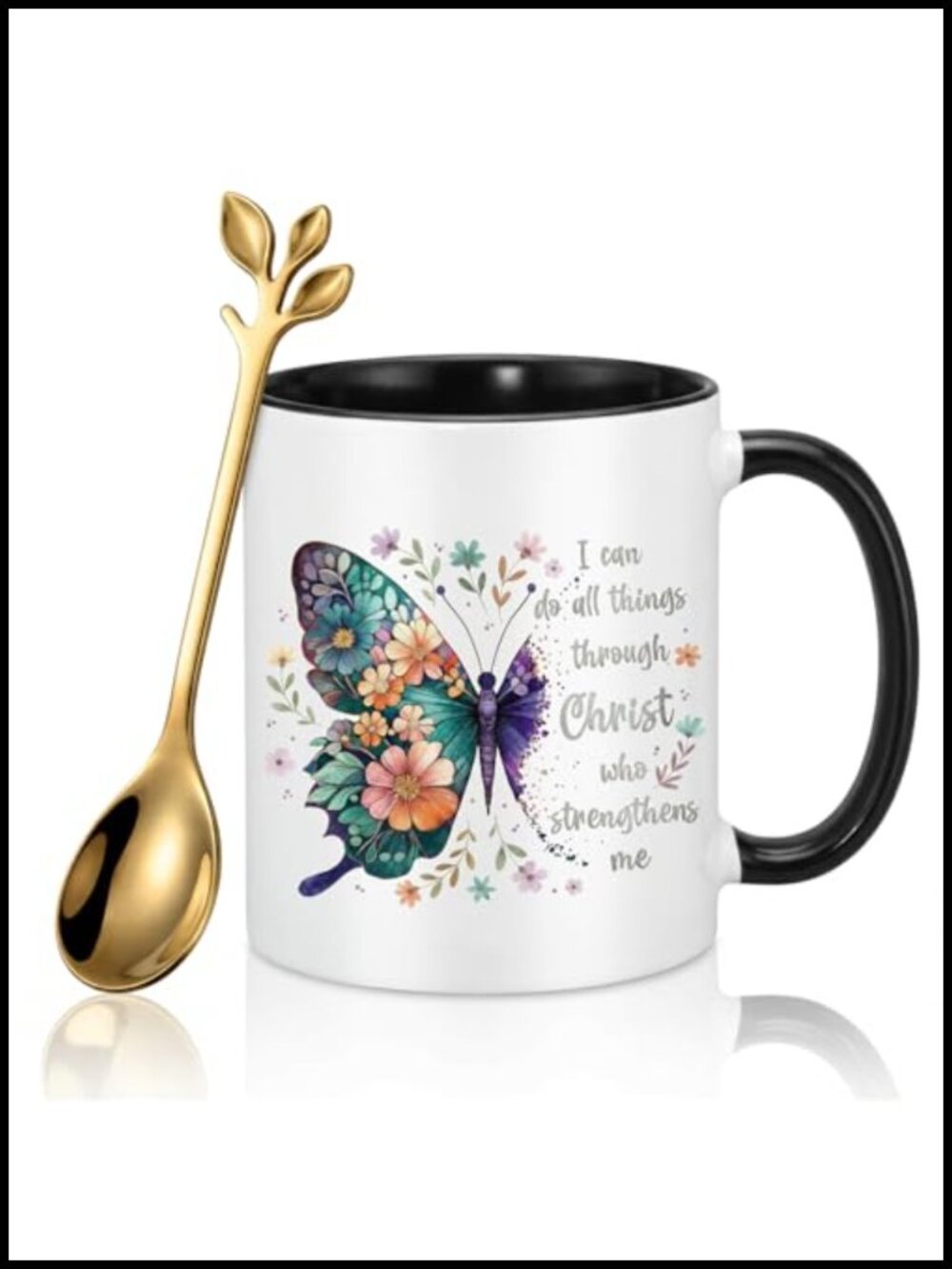 Christian Ceramic Coffee Mug 11oz Bible Verse Butterfly Gold Spoon